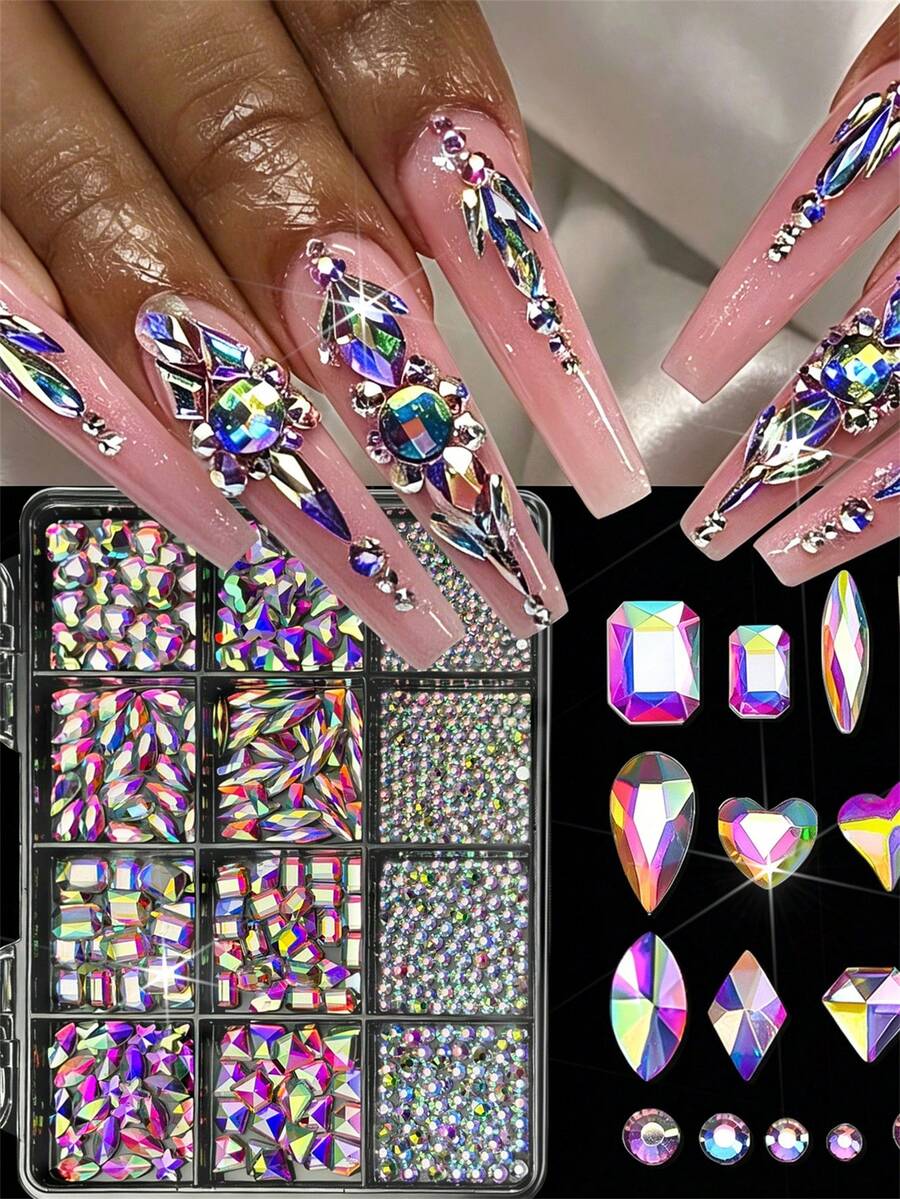 12Grids/Box Multi-Shaps Luxury AB Nail Art Rhinestone Square/Heart/Oval/Star/Rhomb AB Nail Crystal With SS-SS30 Mini AB Round Manicure Diamond Kit