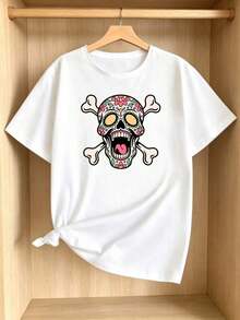 ComfortableCamiseta Blanca de Verano para Mujer con Diseño de Calavera Mexicana y Patrón Floral Colorido, Estilo Artístico y Estético, Temática del Día de los Muertos, Diseño Inspirado en la - Blanco - Ver 3