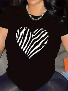 Women's Casual T-Shirt, Black And White Zebra Print With Heart - Short Sleeve, Round Neck, Thick Striped Top, Durable Polyester Fabric, Comfortable Casual And Semi-Formal Wear, Machine Washable Zebra Print T-Shirt For Everyday Outfits, Gift For Fashion Lovers (Versatile For All Seasons) - Stylish Zebra Heart Design, Relaxed Fit, Chic And Fashionable Women's Top For Casual And Formal Events, 100% Cotton, Durable - 黑色 - 查看 7