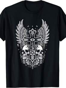 Alternative Gothic Style T-Shirt With Skulls And Crosses, Grunge Rock Y2K Aesthetic, Unisex, Summer 2026, Short Sleeve, Printed, 180g - 黑色 - 查看 1