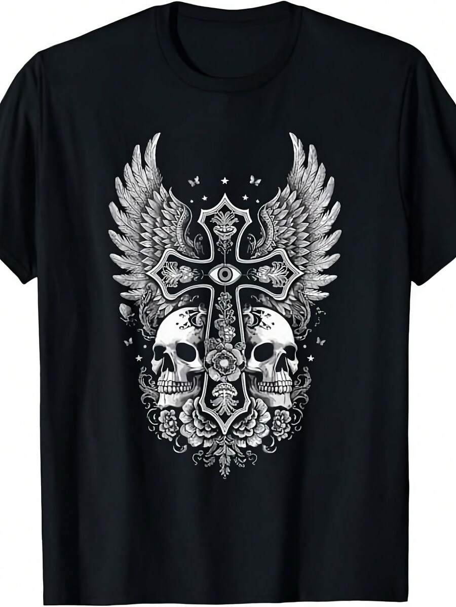 Alternative Gothic Style T-Shirt With Skulls And Crosses, Grunge Rock Y2K Aesthetic, Unisex, Summer 2026, Short Sleeve, Printed, 180g - 黑色 - 查看 1