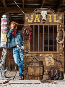1pc Western Prison Theme Photo Backdrop Cloth, Cowboy Prison Gate Photo Prop, Large Fabric Photography Background For Western Birthday, Bachelorette, Crime Theme Party, Photo Booth Background - Multicolor - View 3