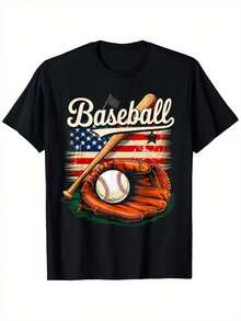 Camiseta unisex negra con estampado de guante de béisbol, tela cómoda y transpirable. Es una prenda casual ideal para mujer, apta para uso diario en primavera, verano y otoño, perfecta para ocasiones como el Día del Trabajo, el Día de la Independencia y Acción de Gracias - Negro - Ver 2