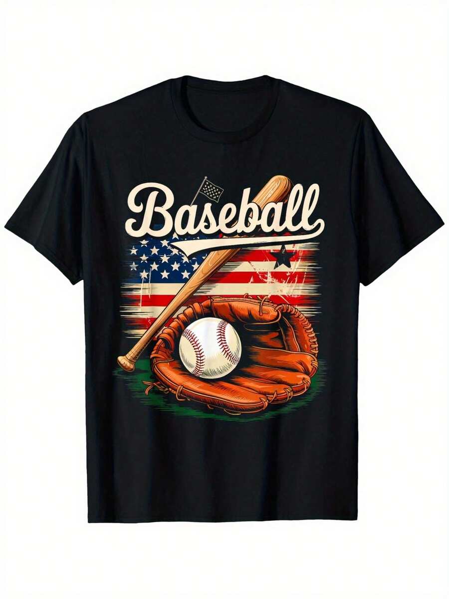 Camiseta unisex negra con estampado de guante de béisbol, tela cómoda y transpirable. Es una prenda casual ideal para mujer, apta para uso diario en primavera, verano y otoño, perfecta para ocasiones como el Día del Trabajo, el Día de la Independencia y Acción de Gracias