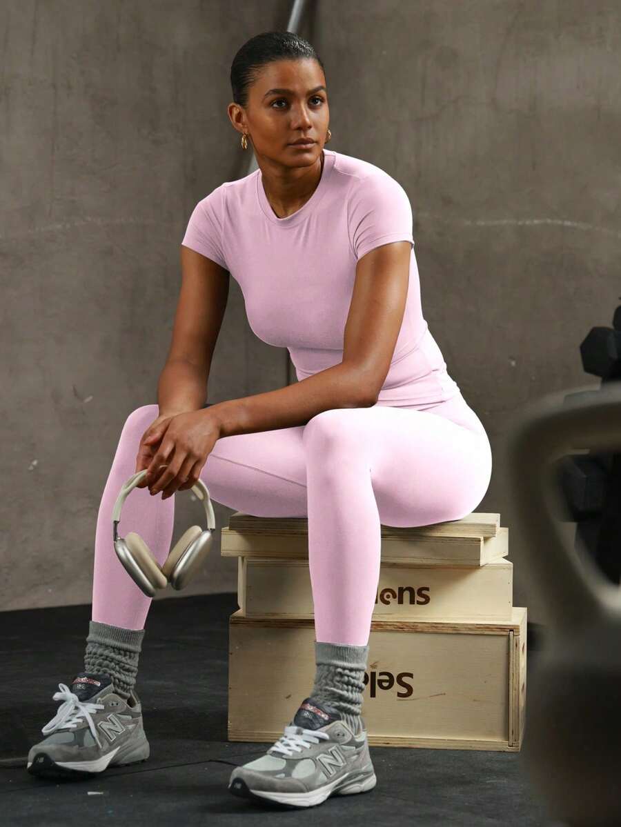 PinkTip Shapewear Set - Solid Color Sports Top And High Waist Leggings, Suitable For Yoga And Running