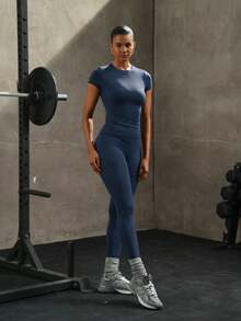 PinkTip Conjunto de ropa moldeadora - Top deportivo de unicolor y leggings de cintura alta, adecuado para yoga y correr - azul real - Ver 5