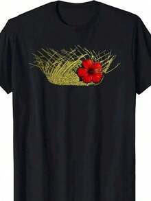Camiseta Para Hombre% Algodón Con Estampado De Hibisco H - Negro - Ver 8