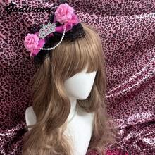 Original Gauze Lace Princess Crown Gal Style Hair Accessories Lolita Women's Cos Headwear Flower Bow Hair Clips - Hồng Đỏ Đen - Xem 2