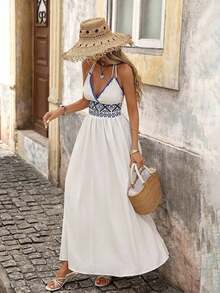 YHHBrillora Vestido largo de vacaciones con estampado geométrico jacquard sin espalda para mujerYHH - Blanco - Ver 7