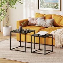 Set Of 2 Side Tables, Coffee Table Set With Glass Top, Black Steel Square Sofa Table For Living Room. - Black - View 2