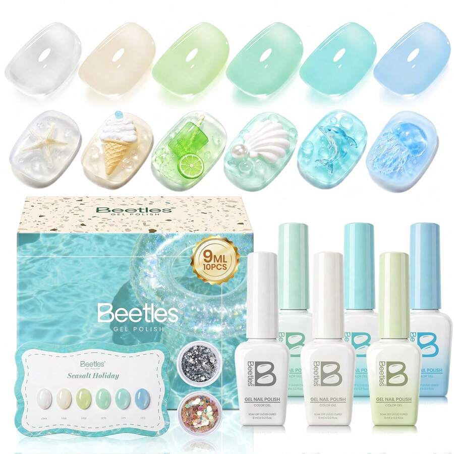 Beetles 6Colors 9ML Summer Voyage Jelly Gel Nail Polish Set, Seasalt Holiday Sheer Gel Nail Polish, Milky White Mint Green Blue Soak Off UV, Salon DIY Home Manicure Gift For Women - 6 Colors 9ML Summer Voyage - 查看 1