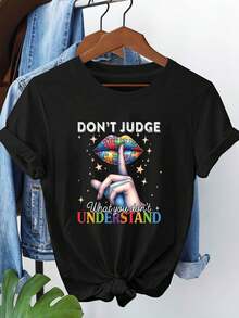 Diseño Sencillo y Versátil: La Calidez y la Empatía de las Reuniones Sociales. NO JUJES lo que NO ENTENDES. Camiseta de mujer de moda casual con cuello redondo para primavera/verano, con estampado de labios rombos y el gesto de "shhh". Animada, para salir, actividades al aire libre, ir al trabajo, ropa versátil y elegante. Camiseta de algodón. - Negro - Ver 7
