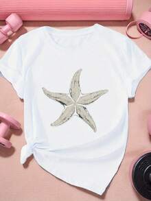 Camiseta deportiva de manga corta de talla para mujer con ilustración vintage de estrellas de mar - Blanco - Ver 6