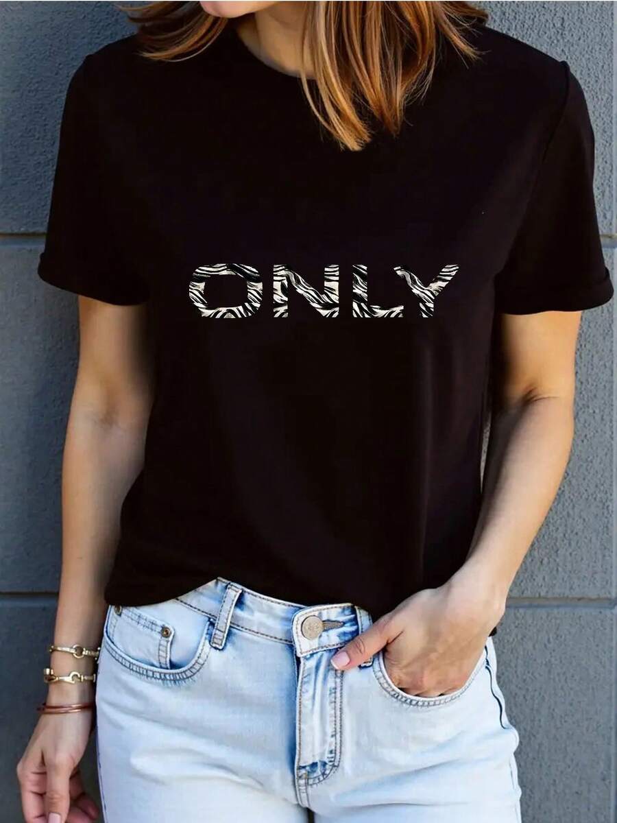 Women's Short Sleeve Animal Print T-Shirt - Casual, Sporty, Simple And Athletic Style, 100% Cotton 180g, Printed Design, Suitable For All Seasons, Comfortable And Free, Fashionable And Versatile, Casual And Energetic, Soft And Warm - 黑色 - 查看 1
