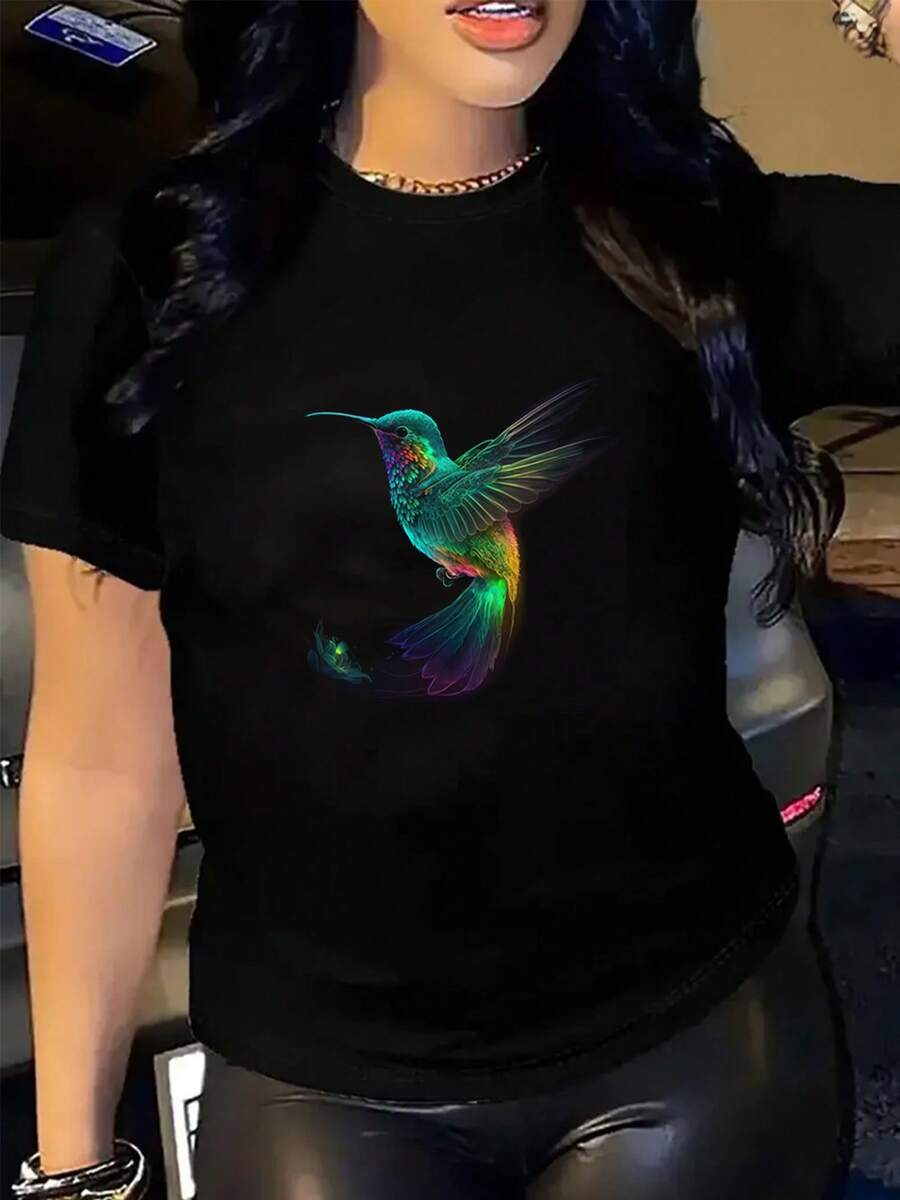 1pc Women's Blouse, Pretty Blouses For Women, Women's Clothing Sets, Hummingbird T-Shirt, 180g Cotton, Black And White, Delicate Print Design, High-Quality Cotton T-Shirt, Round Neck, Basic Loose Fit, Breathable, Versatile, Machine Washable, Comfortable, Daily Casual Sports Essential, Summer - 黑色 - 查看 1