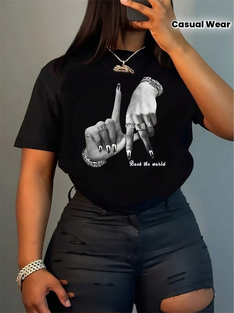 Women's Black Fitted T-Shirt with White On Hand Gesture & ' On World' Slogan Print - Short Sleeve Round Neck Casual Top, White Peace Sign Symbol Design for Music Lovers & Casual Attire