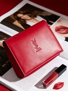 Yves Saint Laurent 紅色絎縫皮革化妝包，內置大尺寸化妝鏡，金色拉鍊雙層化妝收納包，便攜旅行盥洗包，適合送給女友的高端奢華禮物 - 紅色 - 查看 3