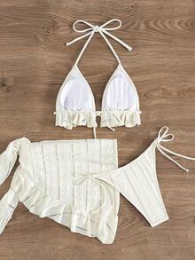 Conjunto de bikini de 3 piezas con tapa de falda, estilo de vacaciones en la playa, para mujer, con bikini halter sin espalda y encaje sexy - Beis 2 - Ver 8
