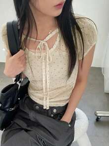 波點印花網眼短袖前綁帶T恤休閒夏季款 - 杏色 - 查看 3