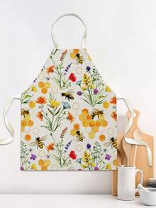 1pc Bee & Floral Pattern Single-Sided Printed Apron, Unisex Home Kitchen Neck-Tie Apron, Home Decor Cooking Protective Apron - Multicolor - View 7