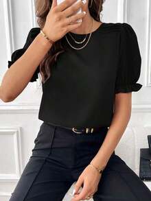 Blusa con mangas abullonadas, blusas de manga corta - Negro - Ver 1