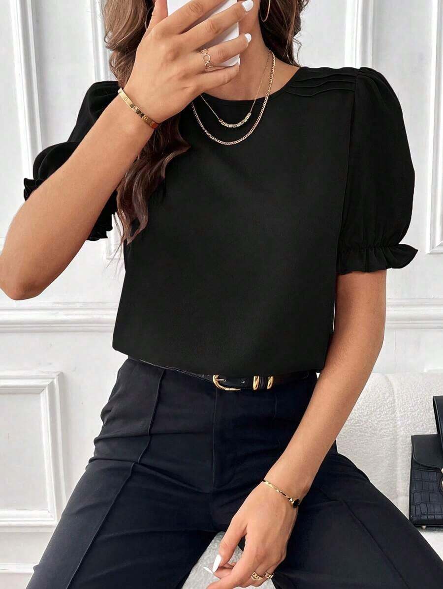 Blusa con mangas abullonadas, blusas de manga corta - Negro - Ver 1
