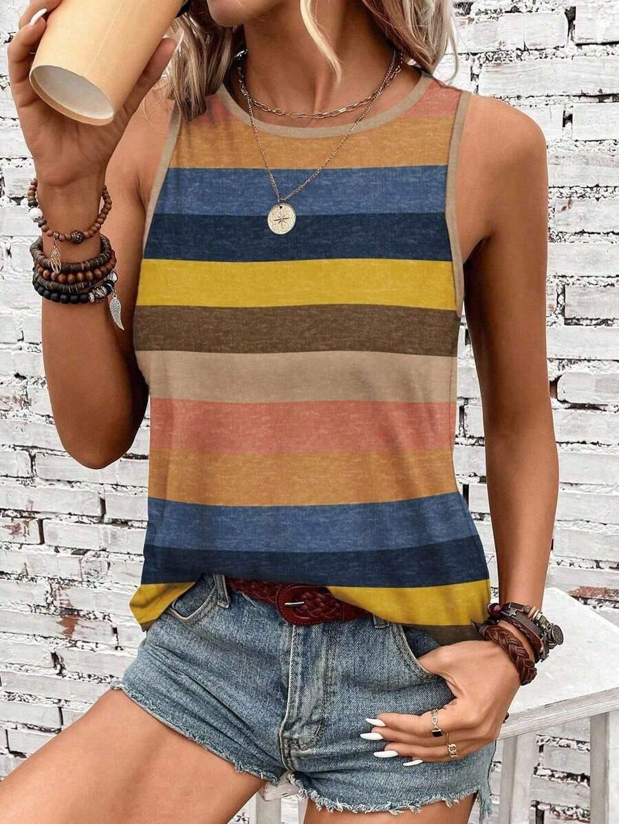 Camiseta de tirantes holgada de verano para mujer, estampado de patrón de correa de mezclilla, elegante y versátil, apta para uso casual, vacaciones y paseos, con un estilo minimalista y retro - Multicolor 2 - Ver 1
