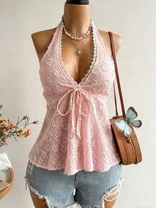Espalda Descubierta Cuello en V Top Sin Mangas Estilo Bohemio Chic - Rosa - Ver 3
