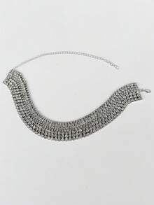 1pc Fashionable & Elegant Full Rhinestone Bridal Jewelry, Sparkling Single Row Diamond Choker Necklace For Women - Silver - View 2