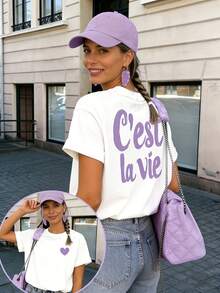 New 2026 Collection: Women's Cotton T-Shirt,  Short-Sleeved T-Shirt With Front And Back Prints, European And American Style Letter Print, Round Neck Top. Summer/Spring Style, Loose Fit, Sweet And Cute, Perfect For Women To Wear On Dates And At Meetings. Women's Urban-Style Short-Sleeved T-Shirt, Made Of Lightweight And Breathable Fabric. - 白色4 - 查看 2