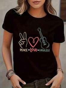 1 Piece Of Women's Casual Graphic Tee - Short Sleeve, Crew Neck, Black With A Colorful Peace, Love, And Ukulele Design, Perfect For Spring And Summer, Casual Spring Wear. | Vibrant Design T-Shirt | Short Sleeve, 180g, 100% Cotton - 黑色 - 查看 12