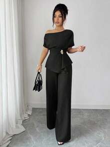 Elegante conjunto de dos piezas de moda urbana para mujer, adecuado para uso diario, bodas, galas, ir al trabajo, fiestas de graduación, vacaciones, citas, fiestas, Halloween, Navidad, Año Nuevo, Acción de Gracias.Pantalones anchos de cintura con hebilla metálica asimétrica de un hombro en color azul marino. - Negro - Ver 5