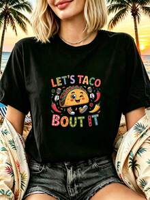 Women's Urban Style Black Short-Sleeved T-Shirt With Vintage Design Of Mexican Taco, Chili, Macaca Character And Tropical Beach Motifs, With The Slogan "Let's Taco Bout It",  Casual Top For Going Out, Classic Party Outfit,  Mexican-Themed Tops For Women. - 黑色 - 查看 1