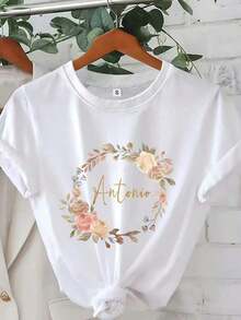 Short Sleeves. Personalized Floral Name T-Shirt - Personalized Gift For Godmother, Mother's Day And Holidays For Mom, Mom T-Shirt For Valentine's Day With Elegant Floral Design, Casual Style, All-Season Clothing, Mother's Day Gift. T-Shirt With Elegant Script Name. Soft Fabric T-Shirt. Leisure. - 白色 - 查看 7