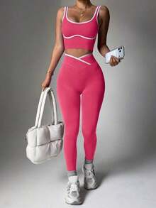 Dewbera Conjunto deportivo de mujer de dos piezas con bloques de color sin costuras, malla de yoga, conjunto de fitness, conjunto de entrenamiento de dos piezas, conjunto activo de dos piezas, conjunto deportivo negro de dos piezas - Rosa Fucsia - Ver 1