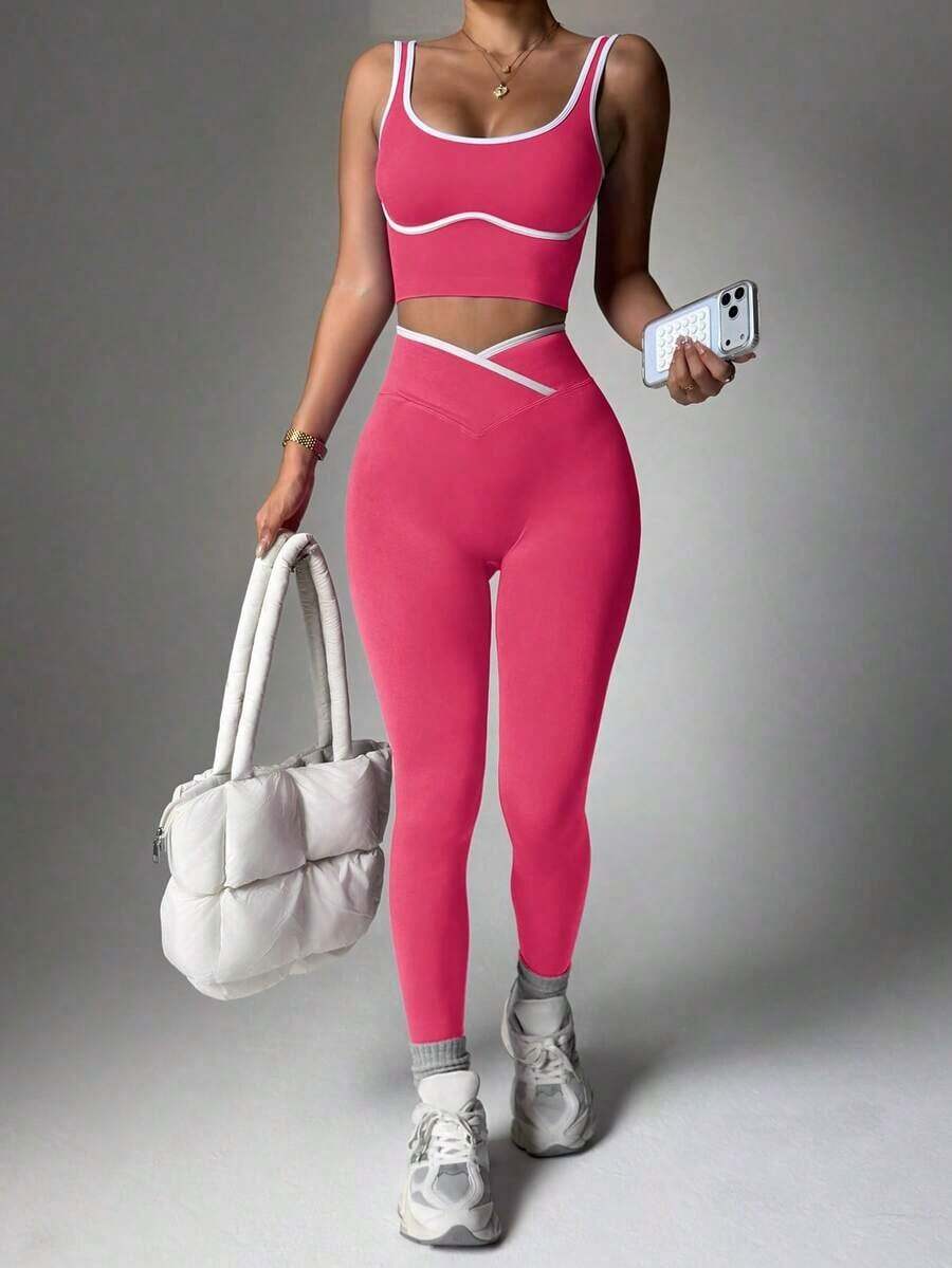 Dewbera Conjunto deportivo de mujer de dos piezas con bloques de color sin costuras, malla de yoga, conjunto de fitness, conjunto de entrenamiento de dos piezas, conjunto activo de dos piezas, conjunto deportivo negro de dos piezas - Rosa Fucsia - Ver 1