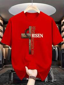 1 Neutral Christian Design T-Shirt - Cross And Crown Design With The Phrase "He Has Risen", With The Biblical Quote Matthew 28:6, Regular Fit, Round Neck, Adult Summer Casual Wear, Machine Washable, Comfortable For Daily Use, Opaque Material. - Black - View 10