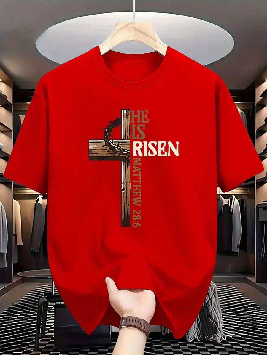 1 Neutral Christian Design T-Shirt - Cross And Crown Design With The Phrase "He Has Risen", With The Biblical Quote Matthew 28:6, Regular Fit, Round Neck, Adult Summer Casual Wear, Machine Washable, Comfortable For Daily Use, Opaque Material. - Red - View 1