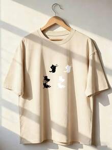 Camiseta con Siluetas de Gatos en Blanco y Negro,Camiseta de manga corta de moda para primavera y verano de 2026, hecha en México, 180 gramos. Estampado de dibujos animados, modelo de pareja, apta para uso interior o exterior. Cuello redondo, unisex, ideal para oficina y ocio. Paquete de una pieza. - APR-P631577SLNDXZGY567 - Ver 1