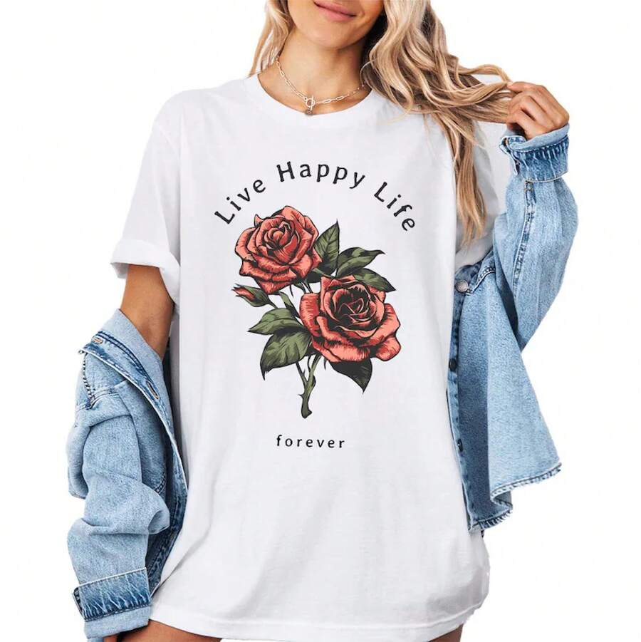 'Live A Happy Forever After' T-Shirt, Red Rose Graphic T-Shirt, Vintage Floral Aesthetic T-Shirt, Romantic Botanical Gift For Women, Retro Rose T-Shirt - 杏色 - 查看 1