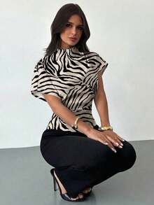 Blusa ajustada de estampado animal minimalista y casual con cuello fruncido, manga asimétrica y cintura fruncida, para mujer, para todas las estaciones - Multicolor 2 - Ver 7