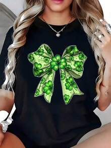 Black T-Shirt With Green Bow And Shamrock Print For Easter And St. Patrick's Day - 黑色 - 查看 2