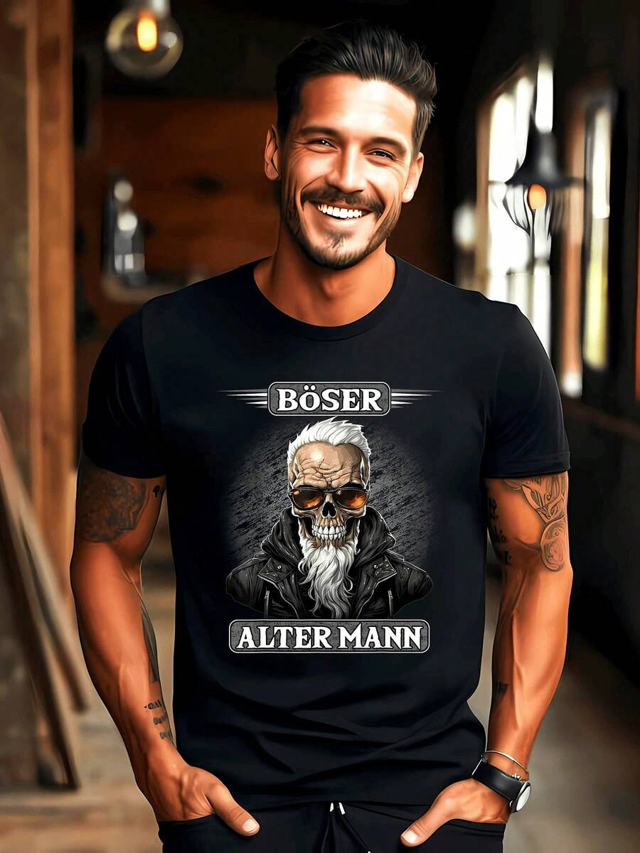 S Summer Shirt With Sarcastic Biker Graphic |  Short-Sleeved T-Shirt With  EVIL OLD MAN Skull And Glasses Design, Regular Fit, 's Casual Summer Top, Relaed Fabric, Comfortable To Wear, Crew Neck, Suitable For All Seasons. Loose And Comfortable 's Shirt. - Back - View 1