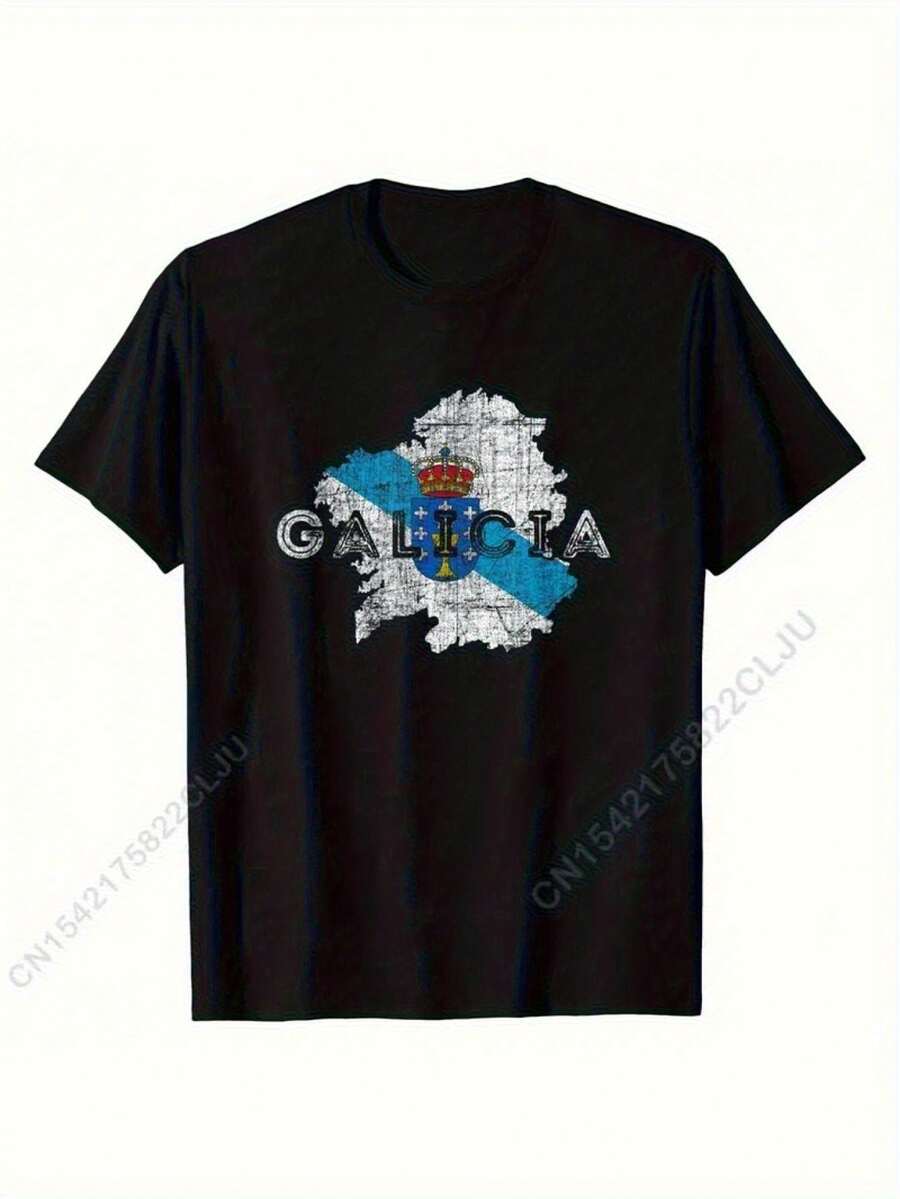 Unisex T-Shirt With Map Of Galicia, Vintage Style, Galician Souvenir, Cotton, For Summer, European Style, Casual, For Men And Women - 黑色 - 查看 1