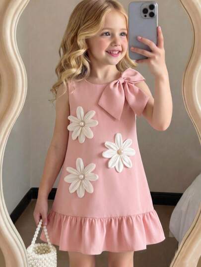 Young Girl' Fashion Handmade 3D Bow & Flower Decor Sleeveless Casual Dress, Party Dress