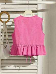 Chaleco casual de mezclilla con lazo, volantes en el bajo, color azul, para mujer - Rosa - Ver 2