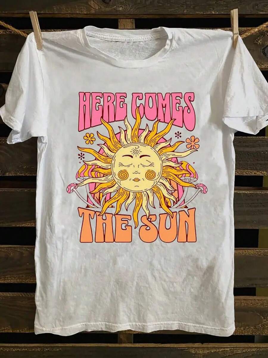 Women's Crew Neck T-Shirt With Letter And Cartoon Print, Simple Design, Comfortable And Breathable, Ideal For Everyday Leisure And Versatile, Showcasing A Natural And Elegant Style, A Must-Have For Summer Parties, Local Delivery - 白色 - 查看 1