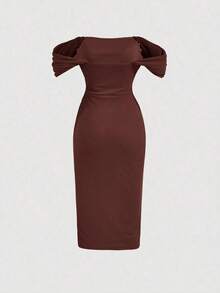 Vestido ajustado de hombros descubiertos fruncido - Marrón - Ver 2