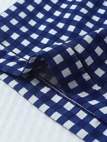 piezas de pijama con pantalón corto, de manga corta y estampado a cuadros para mujeres, ropa de estar por casa de verano - azul real - Ver 7