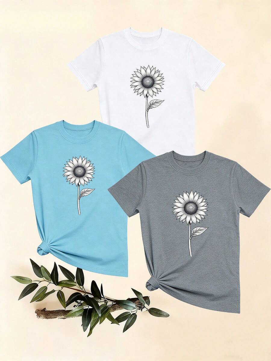 Women's T-Shirts, Women's T-Shirts, Casual Short-Sleeved T-Shirt With Round Neck And Sunflower Print, Made Of Comfortable Cotton, Modern And Versatile, Summer Top For Women. - 1件白色隨機圖案 - 查看 1